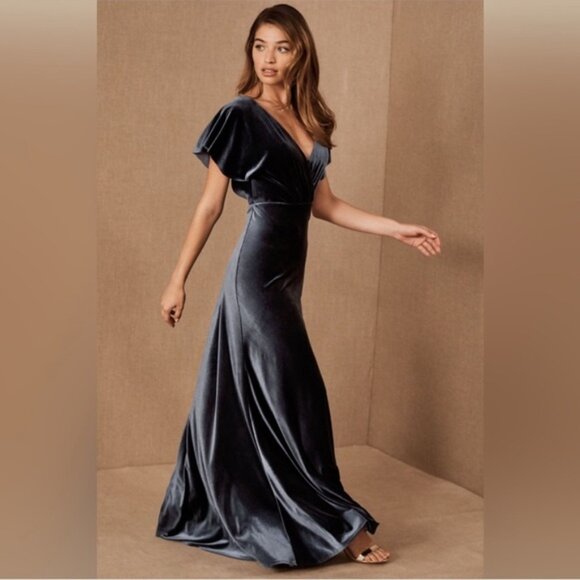 NWT Jenny Yoo Ellis Flutter Sleeve Open Back Stretch Velvet Gown Blue BHLDN - Picture 2 of 8